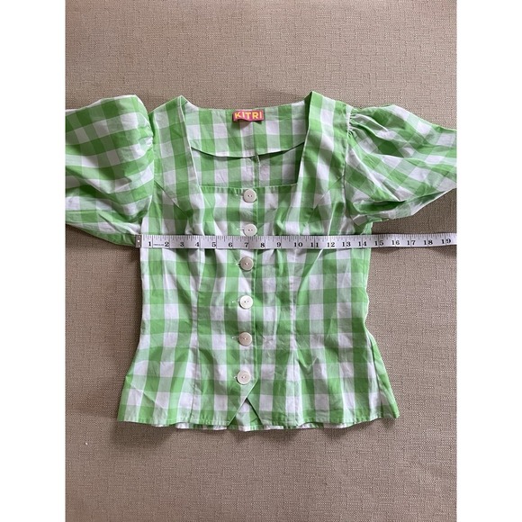 KITRI Green Plaid Gingham Cotton Top US 2 Retro Cottagecore Puff Sleeve Festival - Picture 8 of 9